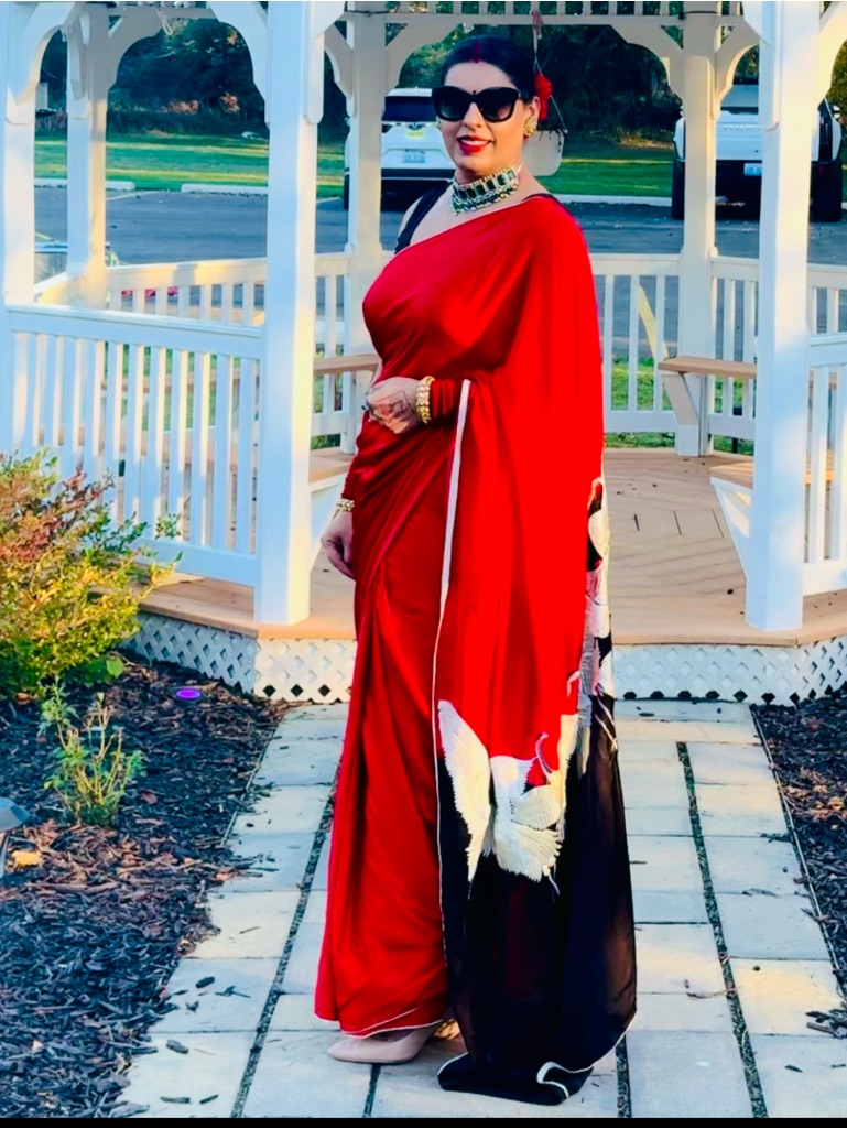 Red And Black Saree With White Crane Embroidery